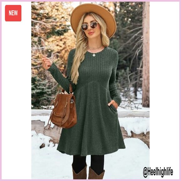 Long Sleeve Empire Waist Tunic Dress with Pockets, Casual Fall Winter - Picture 3 of 8